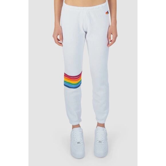 (S) $160 Aviator Nation Rainbow Stitch Sweatpants White - Picture 1 of 8